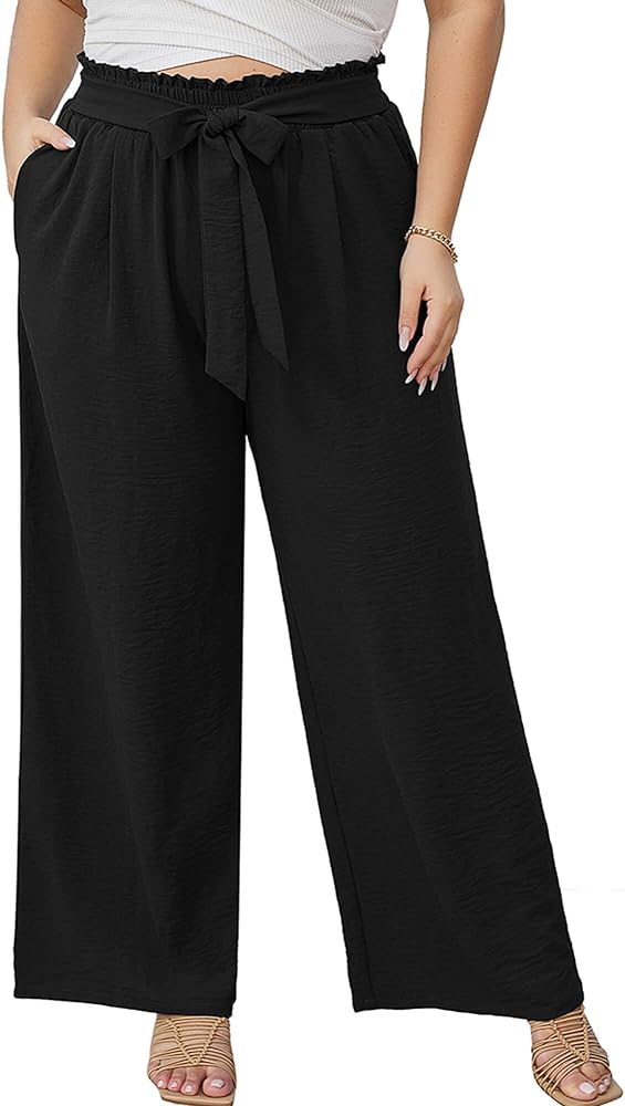 Women's Plus Size Wide Leg Lounge Pants with Pockets High Waisted Palazzo Adjustable Tie Knot Trousers