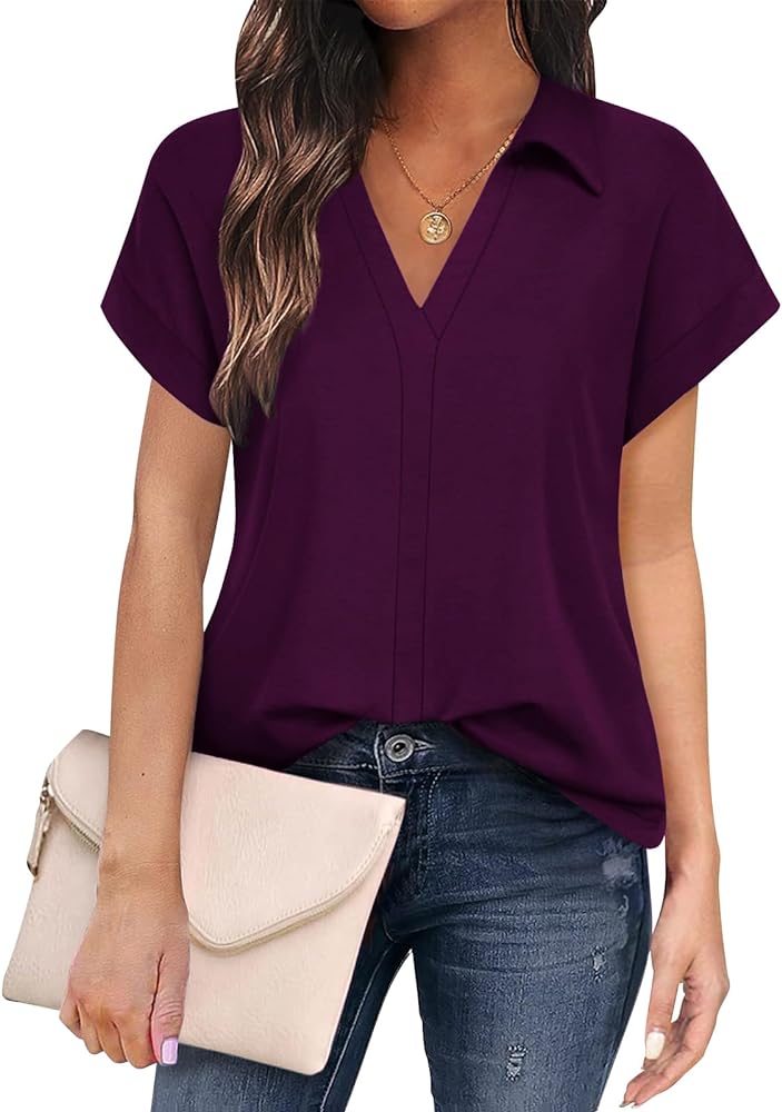 SimpleFun Womens Work Tops Business Casual V Neck Collared Summer Tunic Short Sleeve Shirts Blouses