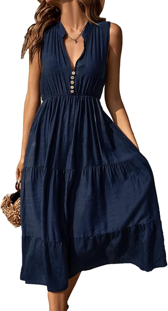 BROVAVE Womens 2024 Summer Sleeveless Shirt Dress Collar Striped V Neck Casual Midi Dresses