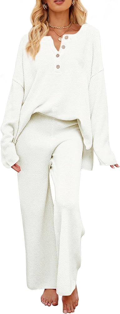 MEROKEETY Women's 2 Piece Outfit Sets Long Sleeve Button Knit Pullover Sweater and Pants Lounge Sets