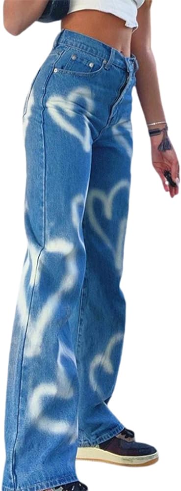 Heart Print Jeans for Women Fashion Wide Leg High Waist Denim Pants Boyfriend Jeans Loose Fit Vintage Jeans for Teen Girls