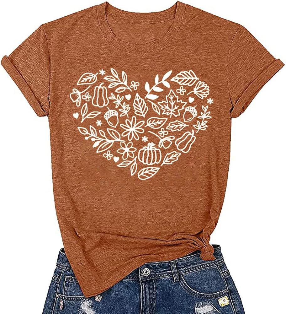 Fall T-Shirt for Women Family Halloween Thanksgiving Tops Cute Autumn Thankful Pumpkin Graphic Tees