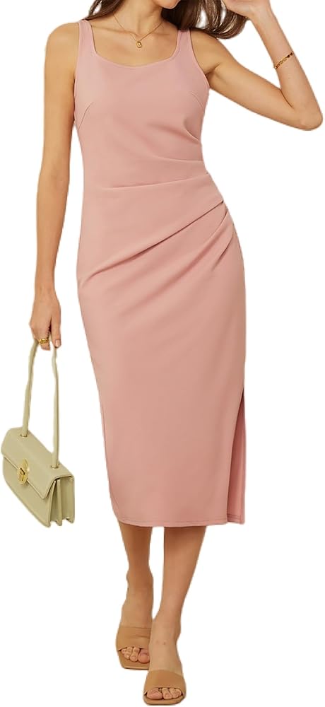 GRACE KARIN Women's Midi Summer Dresses Square Neck Sleeveless Ruched Bodycon Cocktail Party Dress