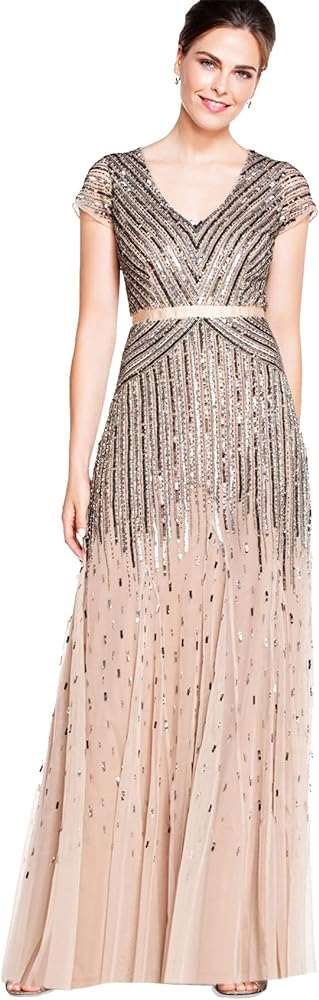 Adrianna Papell Women's Long Beaded V-Neck Dress with Cap Sleeves and Waistband