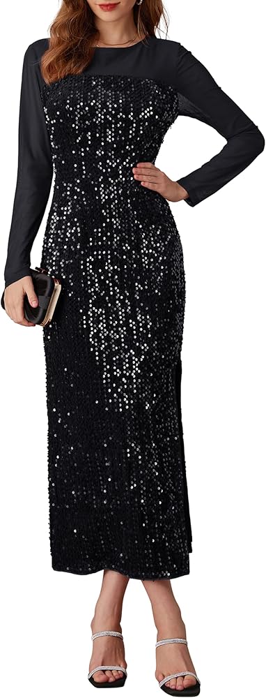 GRACE KARIN Women's Sequin Sparkly Glitter Dress Long Sleeve Velvet Cocktail Formal Dresses