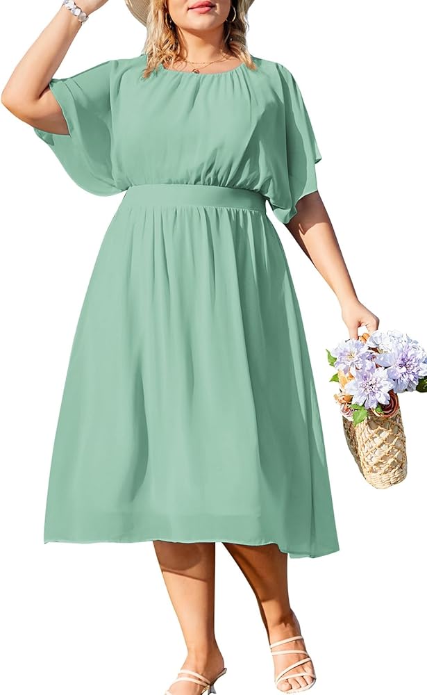 Hanna Nikole Plus Size Chiffon Dresses for Women Flounce Sleeves Empire Waist A Line Summer Beach Dress