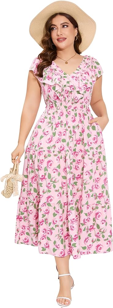 Plus Size Sleeveless Maxi Dress for Women V Neck Ruffle Elegant Casual Dress Modest Floral Summer Dresses