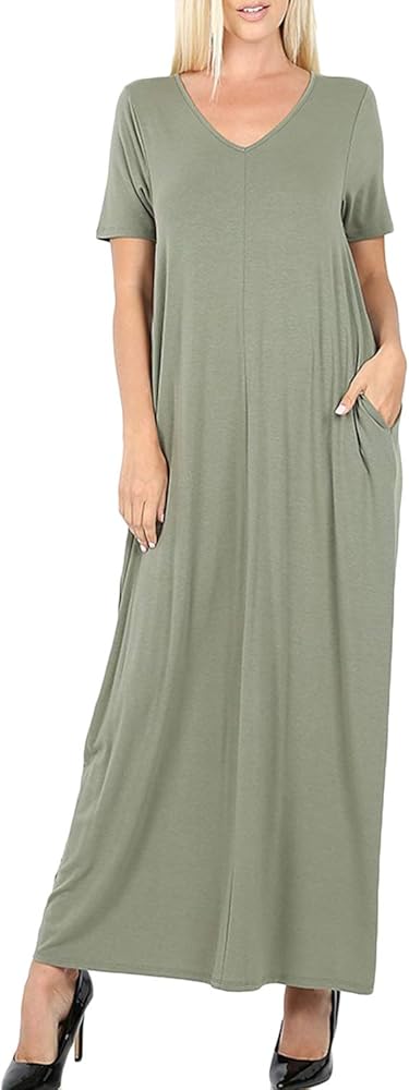 Zenana Women's Premium Casual Long Relaxed Loose T-Shirt Maxi Dress with Half Sleeves and Pockets (S-3XL)