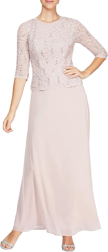 Alex Evenings Women's 3/4 Sleeve Stretch Lace Bodice Mock One Piece Gown