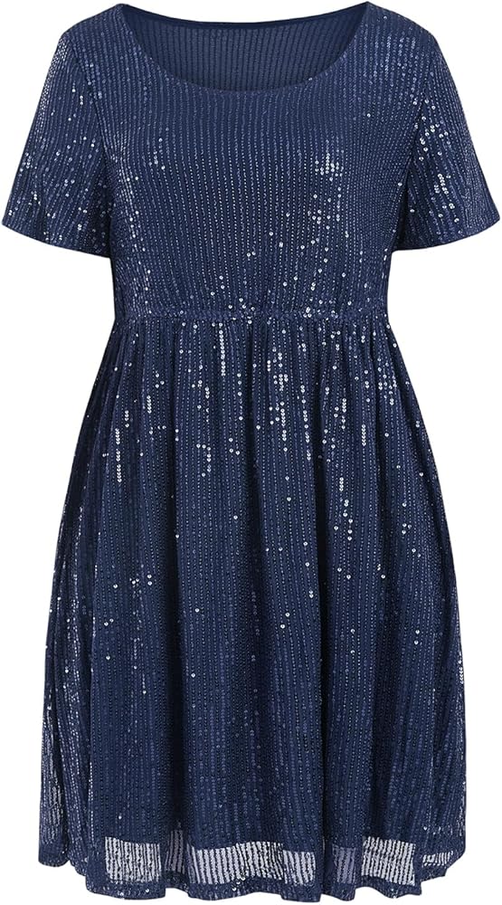 Wenrine Women's Sequin Plus Size Mini Dress Short Sleeve Scoop Neck Pleated A Line Cocktail Party Dresses