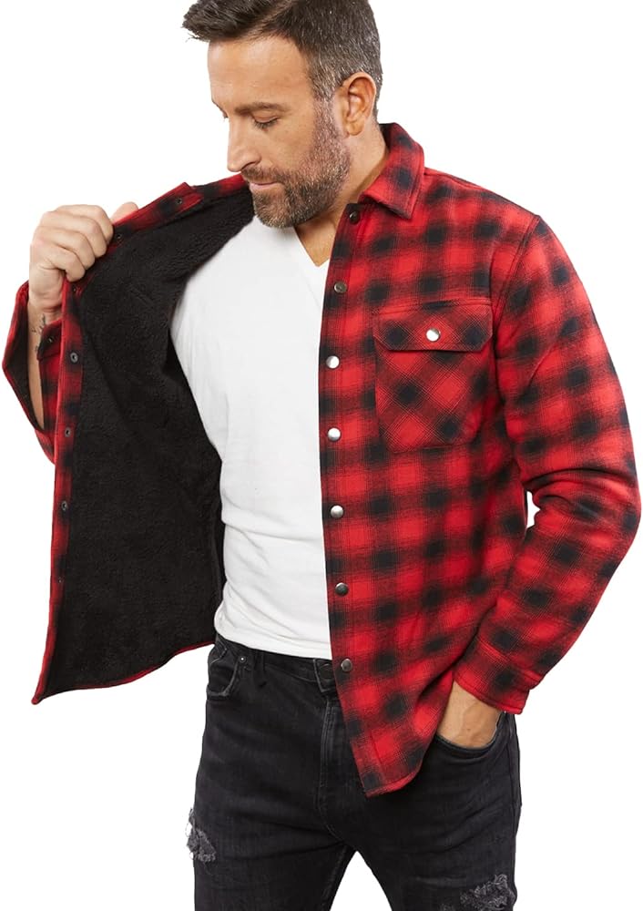 Sherpa Lined Flannel Jacket for Men, Fleece Jacket Men, Mens Shacket, Plaid Button Down