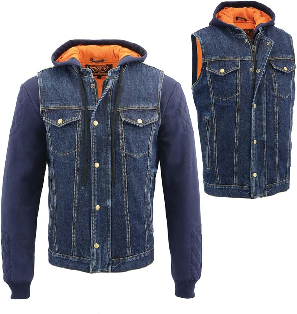 Milwaukee Leather MDM3020 Men's Blue Denim '5-in-1' Club Style Vest with Removable Hoodie