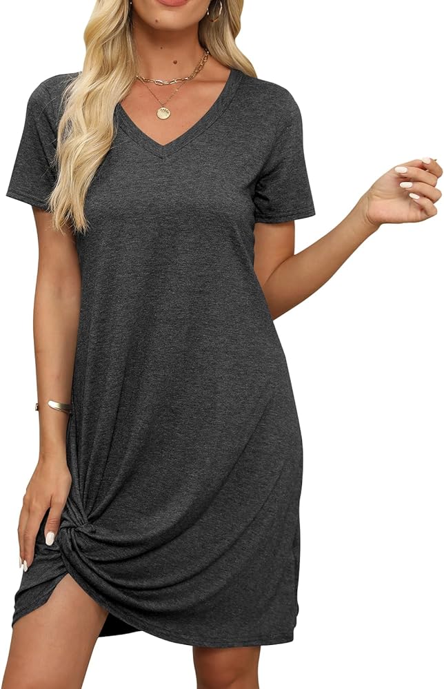 Miselon Tshirt Dresses for Women - Short Sleeve V Neck Knot T Shirt Dress Casual Summer Beach Sundresses