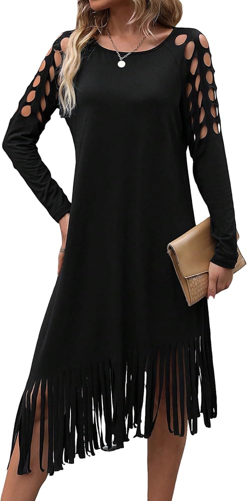 Verdusa Women's Cut Out Fringe Hem Round Neck Long Sleeve Midi Tee Dress