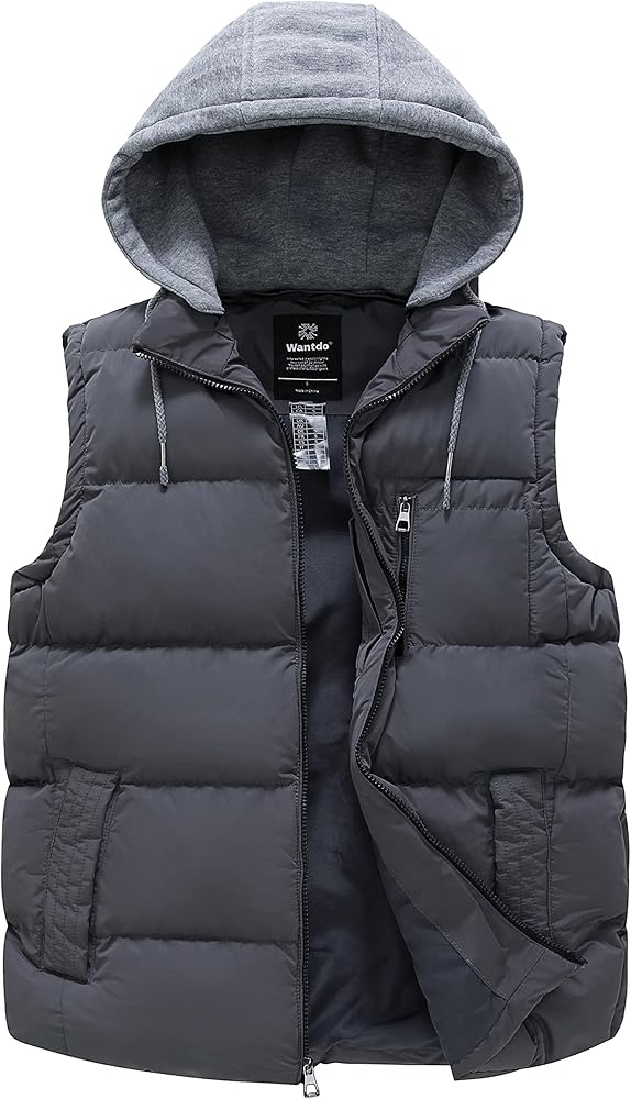 wantdo Men's Quilted Winter Vest Thicken Sleeveless Jacket with Detachable Hood