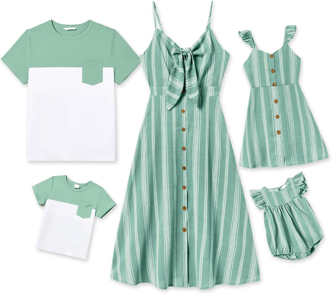 IFFEI Family Matching Outfits Mommy and Me Dresses Tshirt Set Spaghetti Strap Stripe Print Summer Casual Dresses