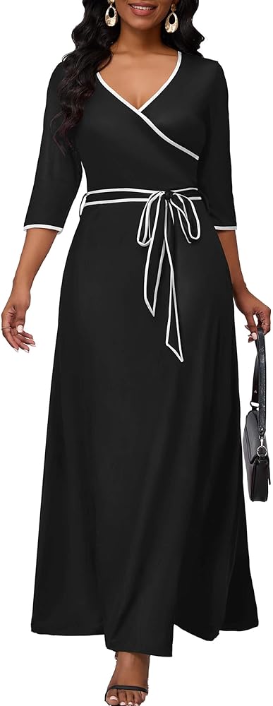 FANDEE Maxi Dress for Women 3/4 Sleeve Semi-Formal Wrap Dress Floor Length V Neck Long Dresses with Pocket&Belt