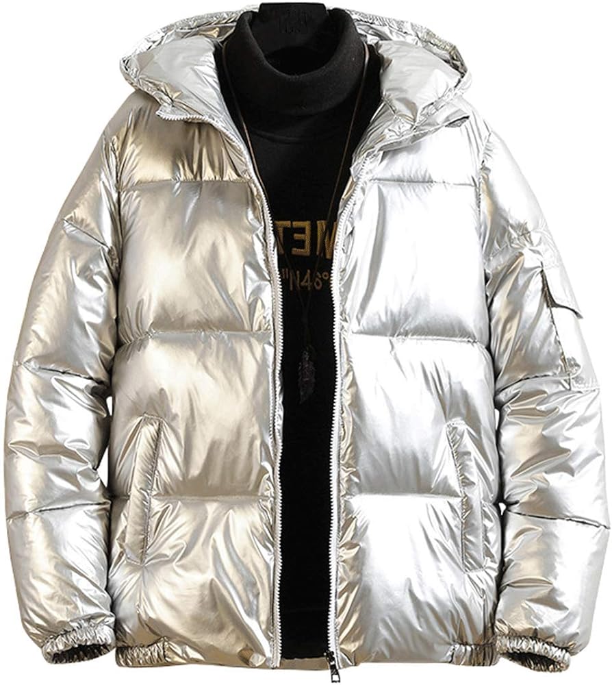 chouyatou Men's Casual Hooded Full Zip Metallic Shiny Short Bomber Alternative Down Coat