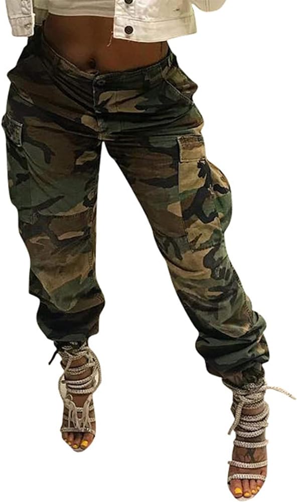 Vakkest Women's Camo Cargo Pants High Waist Slim Fit Trousers Camouflage Active Jogger Pocket Sweatpants with Belt