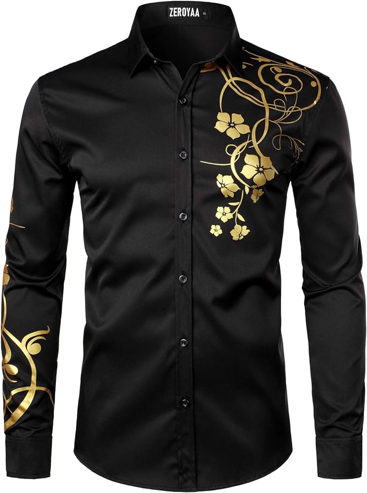 ZEROYAA Men's Hipster Shiny Design Slim Fit Long Sleeve Button Up Party Dress Shirts