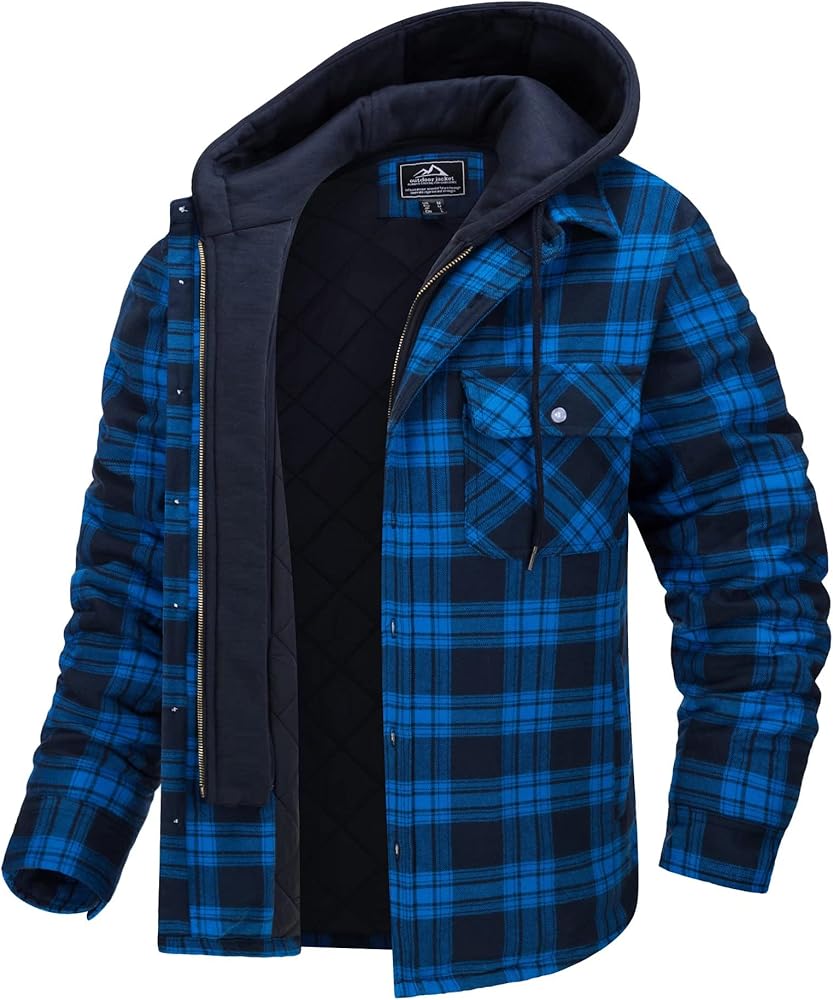 MAGCOMSEN Men's Flannel Jacket with Removable Hood 5 Pockets Quilted Plaid Shirt Jackets Winter Coats Thick Flannel Hoodie