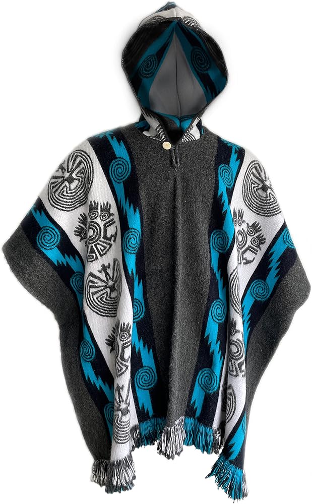 Poncho with Hood Coat Unisex Gray Blue Cape Indigenous Navajo Hopi - Handmade Ecuador