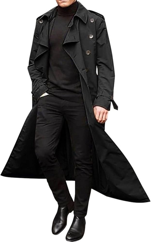 Mens Trench Coats Notched Lapel Double Breasted Full Length Windbreaker Casual Lightweight Thin Belt Jacket Overcoat