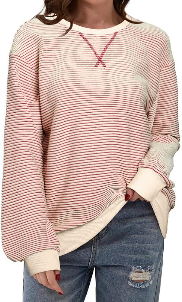 SHEWIN Womens Sweatshirt Striped Color Block Crew Neck Casual Long Sleeve Tops Loose Fall Clothes