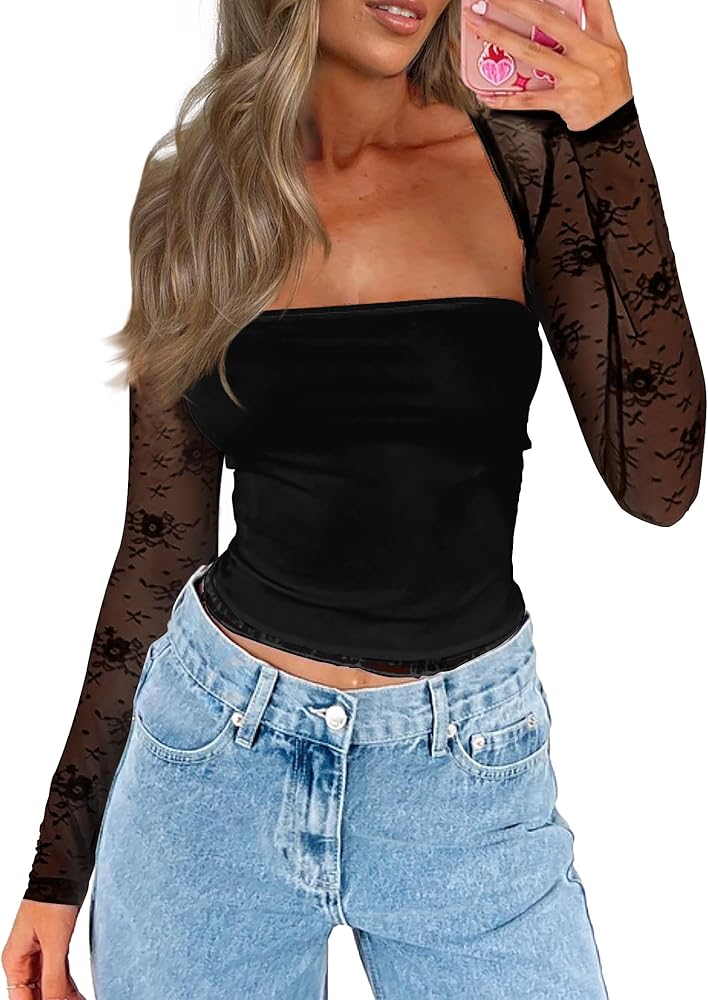 Women's Going Out Tops Lace Long Sleeve Square Neck Crop Top Shirt Strapless Tube Top and Bolero Set