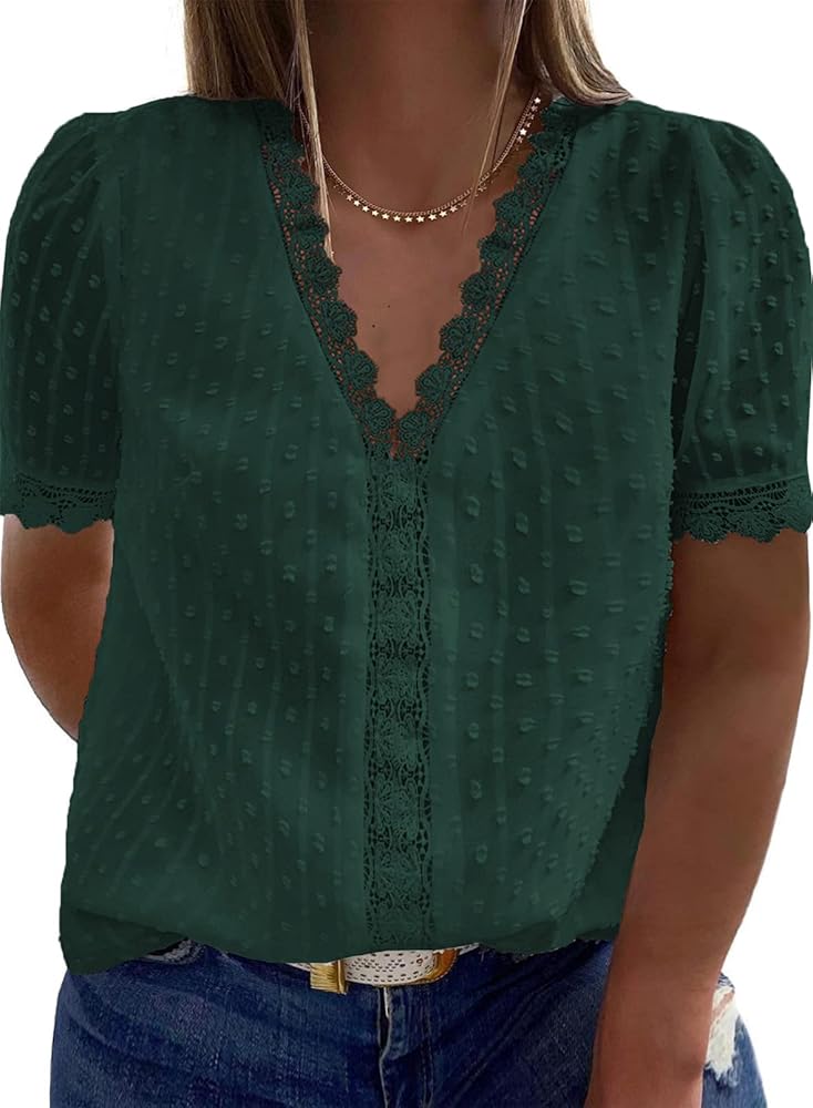 Happy Sailed Womens Plus Size Lace Crochet V Neck Boho Shirts Casual Loose Short Sleeve Chiffon Blouses Tops(1X-5X)