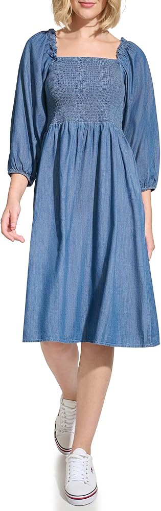 Tommy Hilfiger Women's Puff Sleeve Tencel Smocked Midi Dress