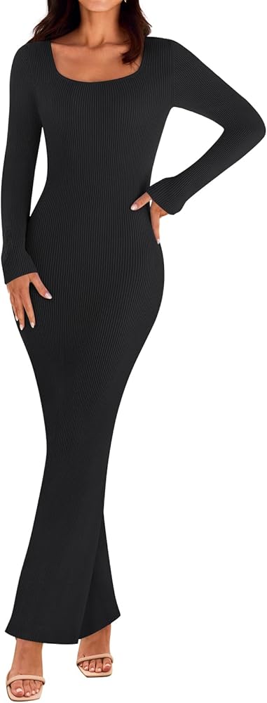 MEROKEETY Women's 2024 Fall Long Sleeve Square Neck Bodycon Maxi Dresses Ribbed Knit Long Sweater Dress