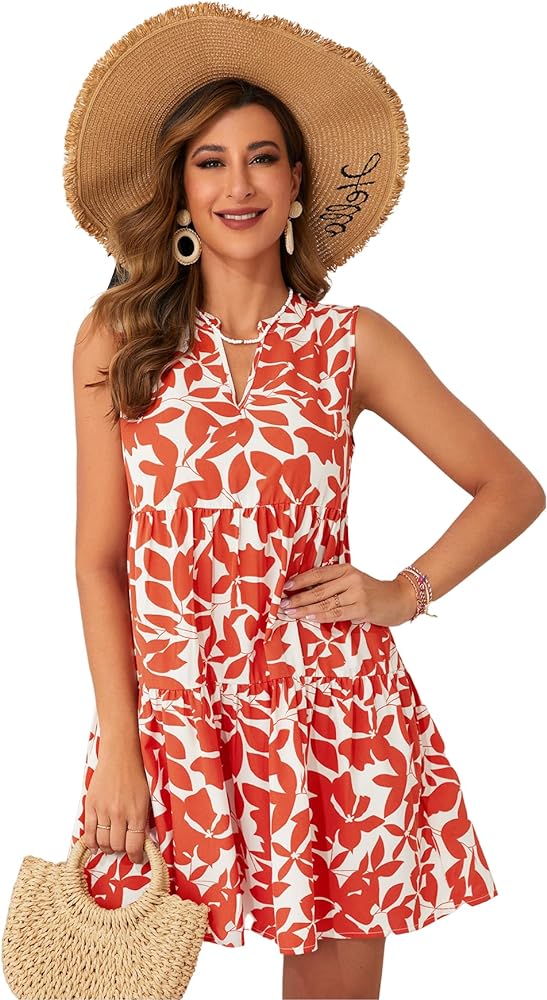 SOLY HUX Women's Summer Boho Print Notched V Neck Sleeveless Ruffle Hem Loose Dress