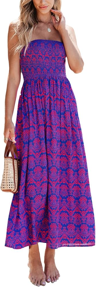 CUPSHE Women's Tube Beach Dress Boho Straight Neck Strapless Smocked Bodice Maxi Casual Summer Dresses