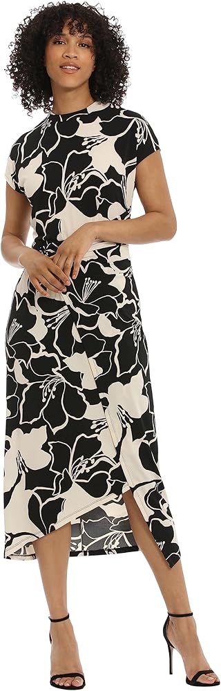 Donna Morgan Women's Short Sleeve Mock Neck Wrap Look with Asymmetric High Low Midi Hem