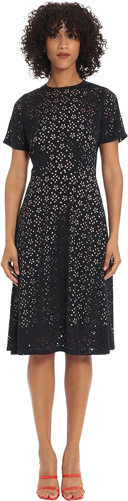 Maggy London Women's A-line Short Sleeve Floral Laser Cut Knee Length Dress