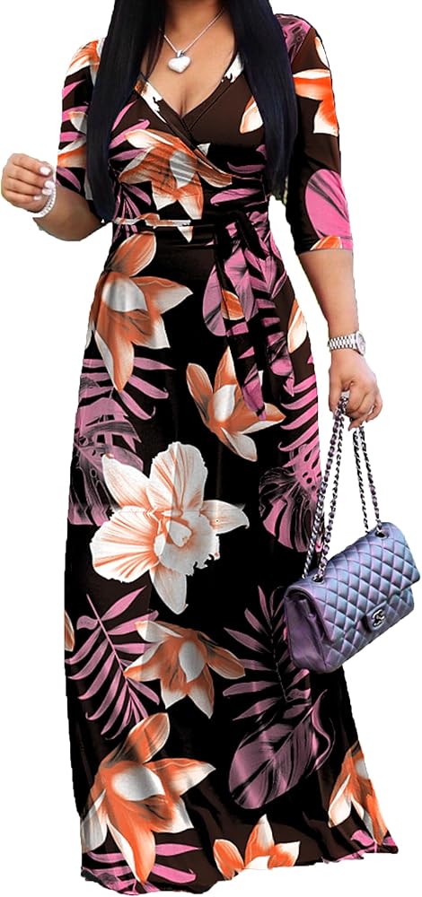 vunahzma Maxi Dress for Women Casual Sundress V-Neck 3/4 Sleeve Plus Size