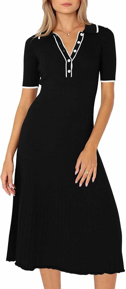 Pink Queen Women's Polo V Neck Short Sleeve Elegant High Waisted Bodycon Ribbed Swing Knit Midi Dresses