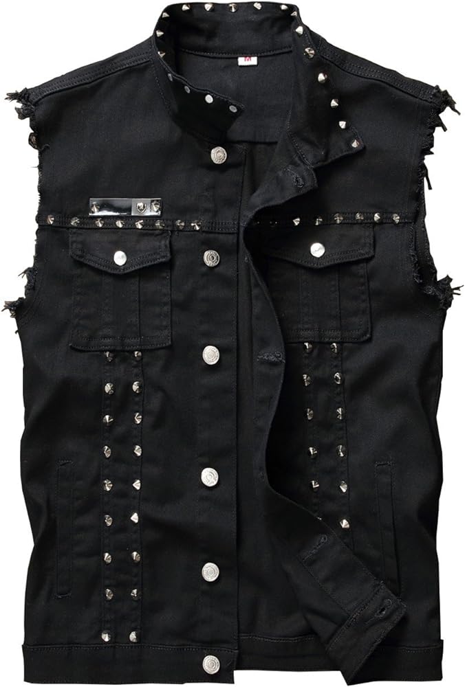 Men's Punk Denim Vest Sleeveless Jean Jackets With Rivets