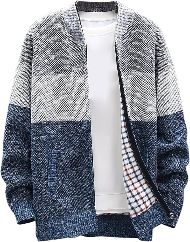 Mens Sweater Jackets Casual Stand Collar Knitted Sweater Cardigan Lightweight Fleece Lined Full Zip Knitwear Coat