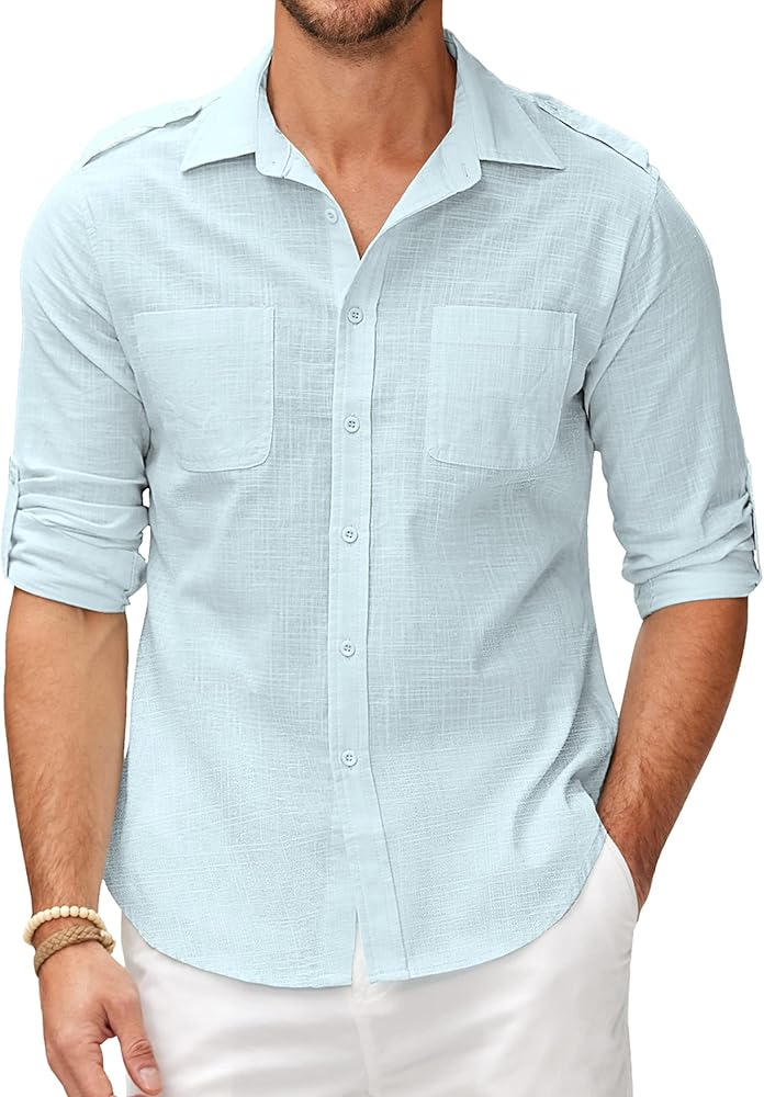 COOFANDY Men's Cotton Linen Shirt Long Sleeve Casual Button Down Summer Beach Plain T Shirts with Pockets