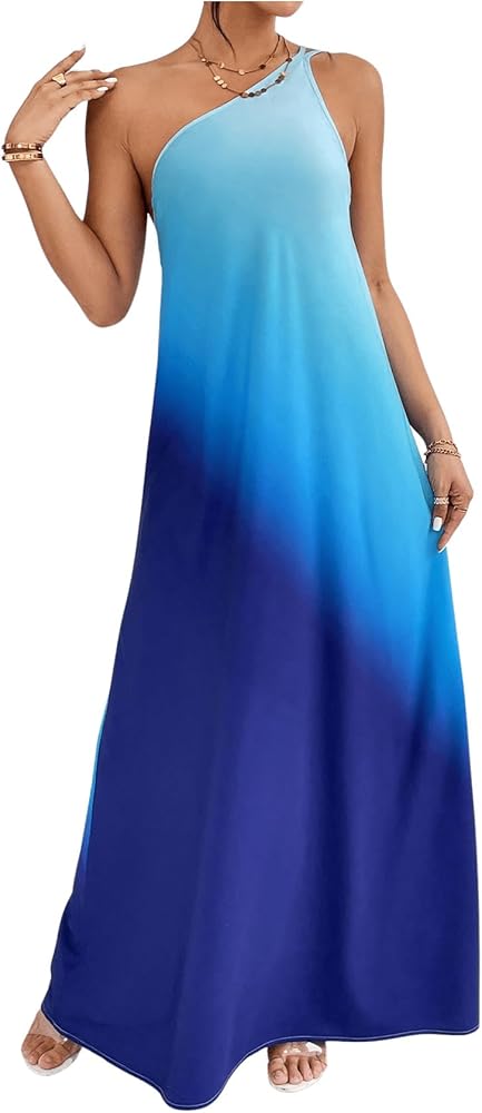 Floerns Women's One Shoulder Maxi Dress Tie Back Ombre Print Summer A Line Dress