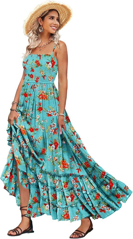 YESNO Women's Summer Boho Maxi Dresses Square Neck Spaghetti Straps Smocked Casual Beach Sundresses with Pockets ES2