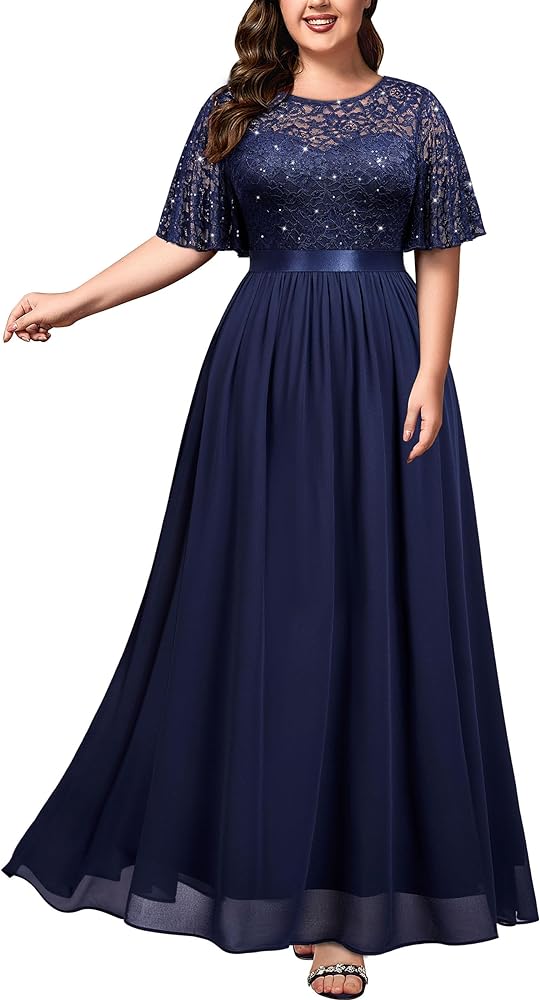 Miusol Women's Plus Size Sequin Lace Round Neck Butterfly Sleeves Formal Evening Maxi Dress