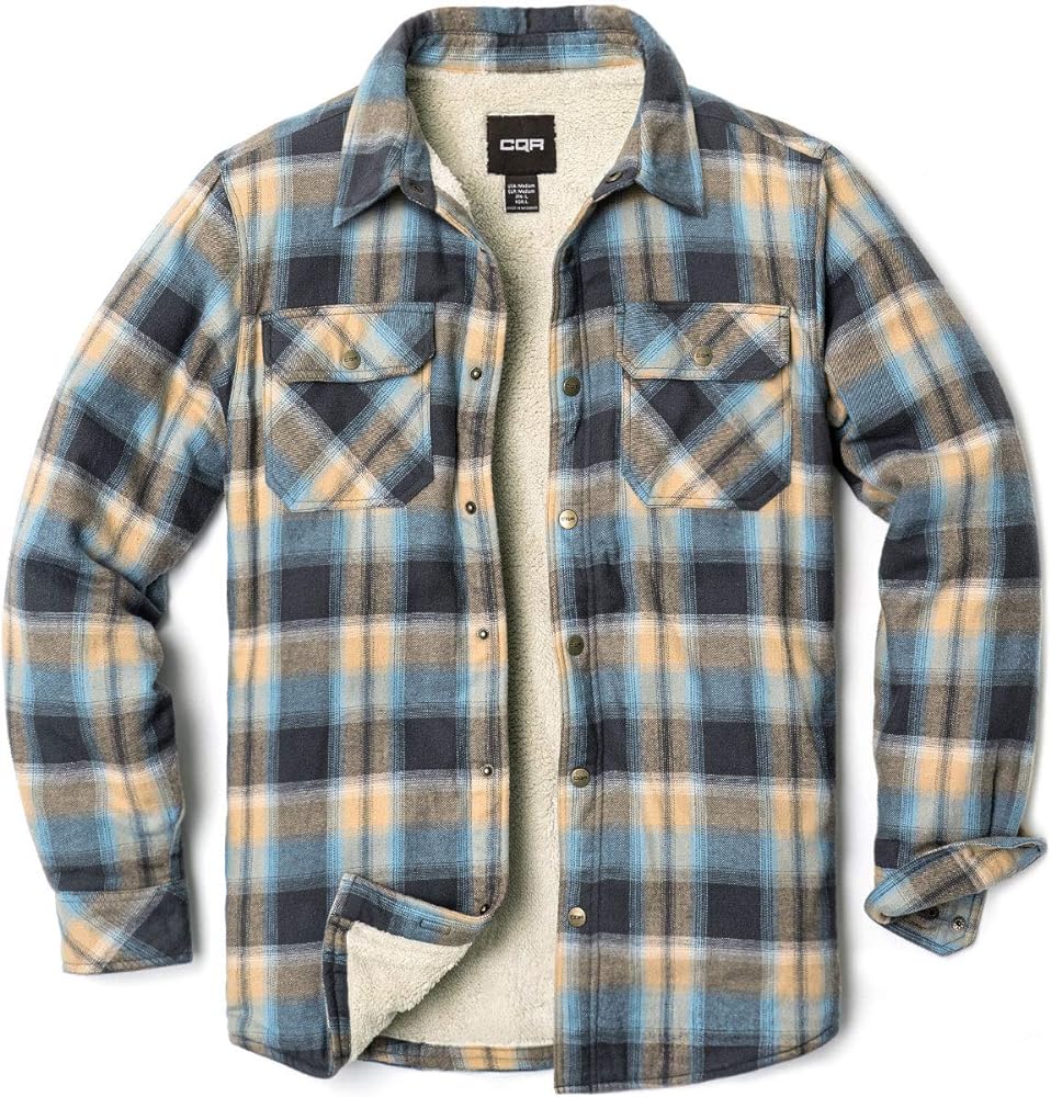 CQR Men's Plaid Flannel Shirt Jacket, Long Sleeve Soft Warm Sherpa/Quilted Lined Jacket, Outdoor Button Up/Zip-Front Jacket