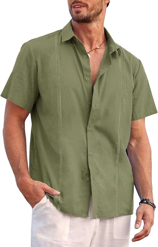 Runcati Mens Guayabera Cuban Shirts Short Sleeve Button Down Beach Casual Hippie Summer Shirts