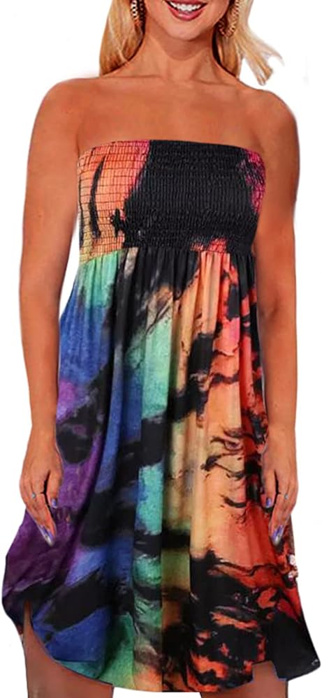 Zyyfly Strapless Dress for Women Summer Beach Boho Smocked Tube Top Dress