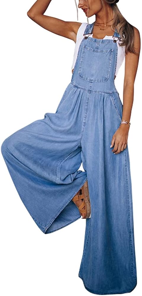 chouyatou Women's Loose Adjustable Strap Wide Leg Denim Bib Overall Jeans Pants