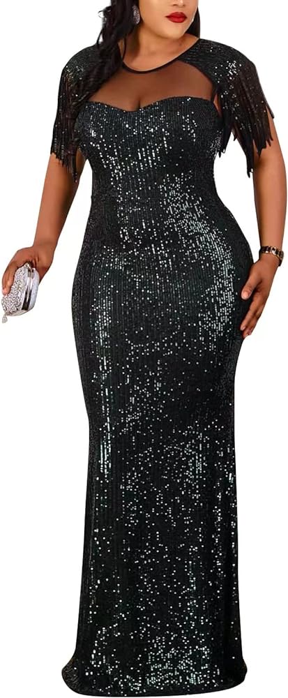 Cololura Sexy Sequin Tassel Mesh Perspective Party Cocktail Bodycon Evening Club Maxi Dress