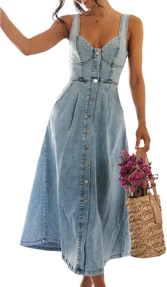 chouyatou Women's Summer Casual Button Down Denim Dress A-Line Sleeveless Midi Jean Dress